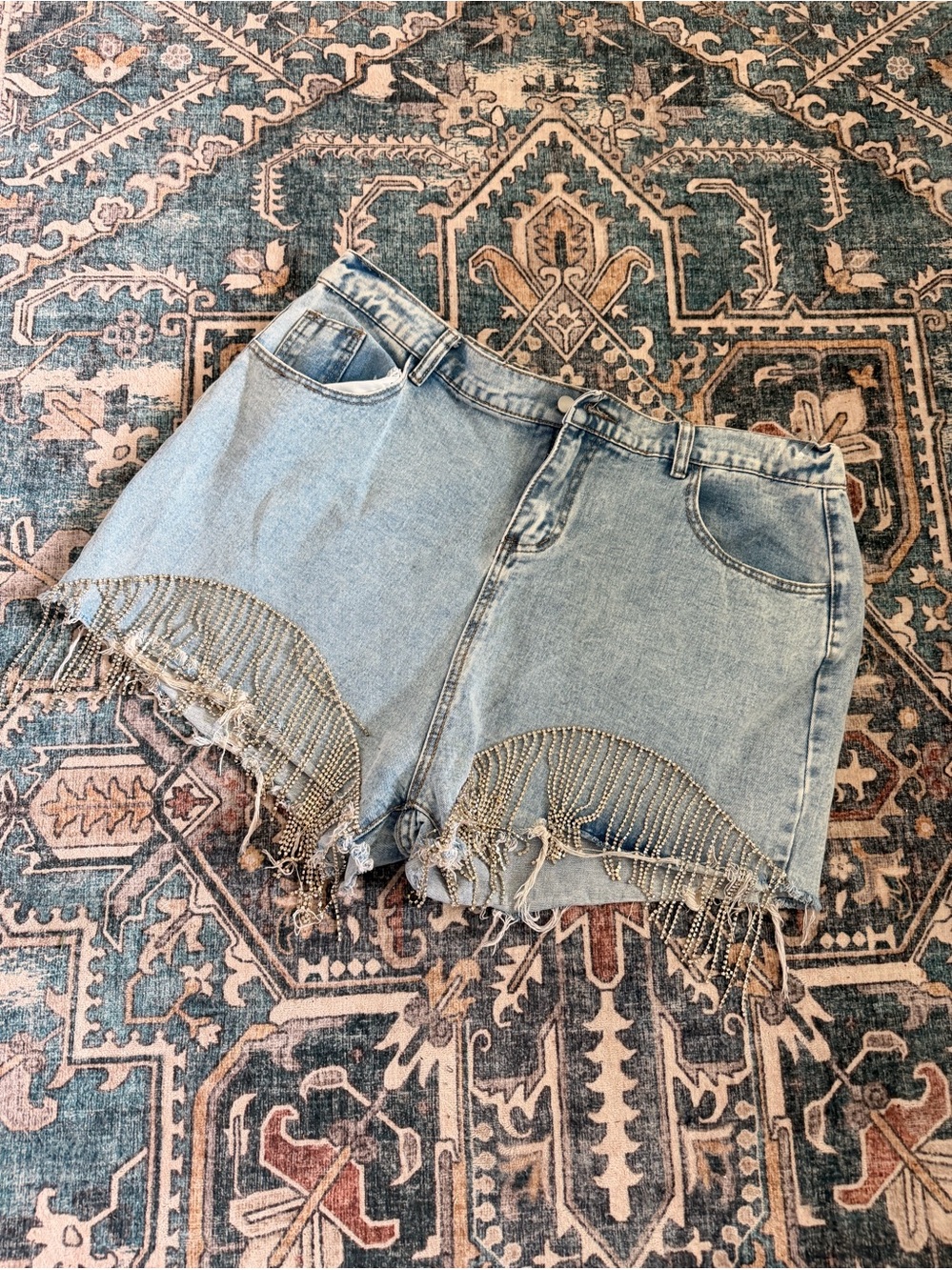Savannah Jane Rhinestone Fringe Hem Light Blue Denim Shorts Size 2x